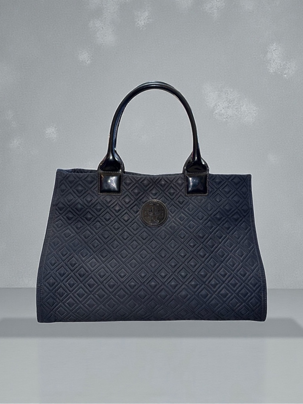 Tory Burch Black Quilted Tote with Patent Handles